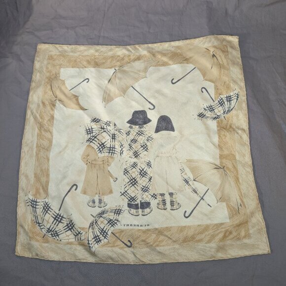 Authentic Vintage Burberry London Silk Scarf Handkerchief - Umbrella Check Scene - Picture 6 of 9